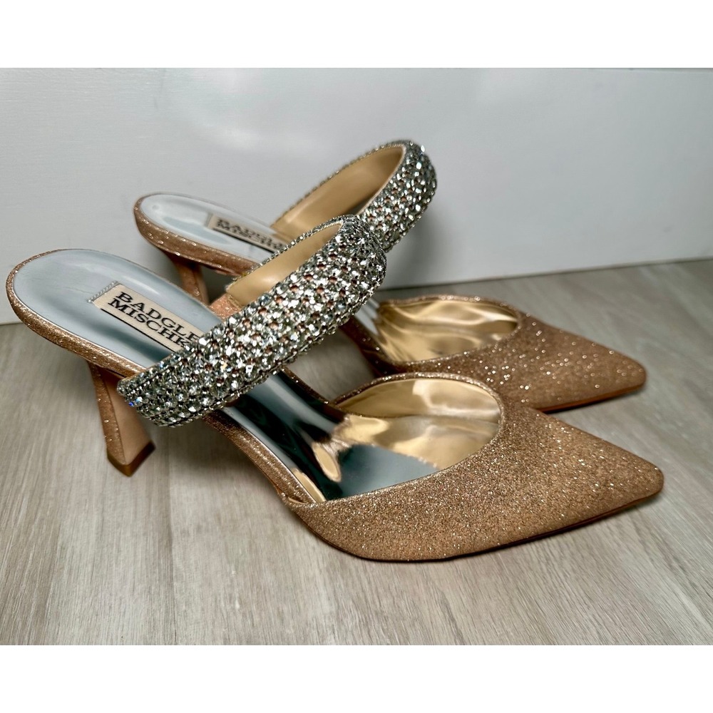 Badgley Mischka Rose Gold Glitter Pointed Toe Mules Heels Shoes Size‎ 8 - Picture 8 of 12